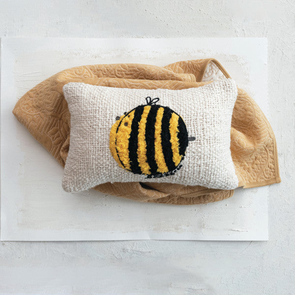 Embroidered Bee Design Woven Cotton Lumbar Pillow